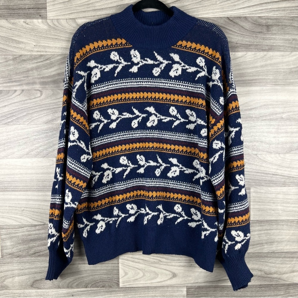 St. John's Bay Women’s Navy and Mustard Striped Sweater - Picture 2 of 8